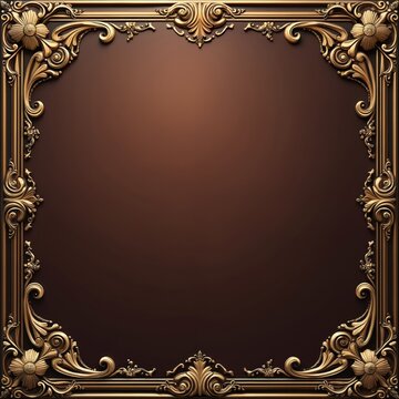 Brown leather texture background with floral golden ornaments, vintage frame. Ornate design suitable for certificates, wedding invitations. Retro style decoration perfect for printable cards graphic