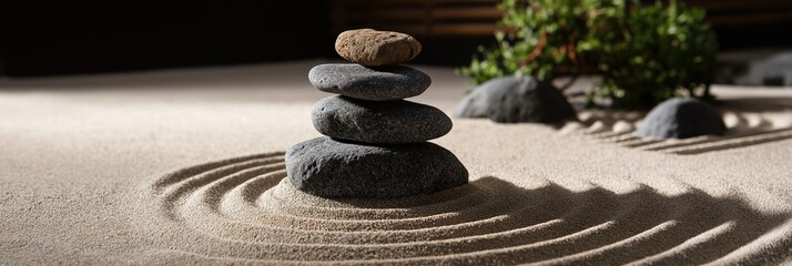 Zen garden with balanced stone stack on sand and ripples
