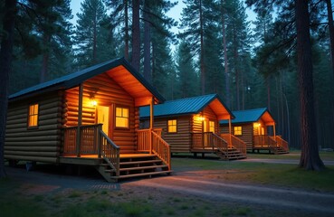 Row of rustic wooden cabins lit warmly at dusk in a dense pine forest. Cozy vacation homes offer overnight lodging and peaceful outdoor retreat, perfect for nature lovers seeking tranquil stays.