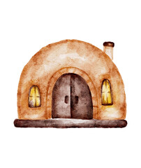 Small cute fantasy watercolor house with rounded arch and chimney isolated on white.