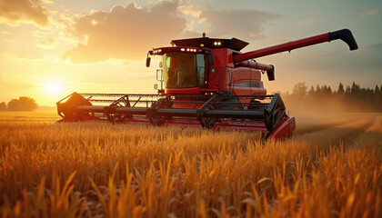 Obraz premium Red combine harvester machine works on vast golden crop field. Modern farm equipment gathers wheat grain at beautiful vibrant golden hour sunset. Agri tech collects abundant harvest. Rural scenery at
