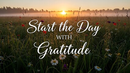 Illustration of inspirational quote start the day with gratitude in a field of flowers at sunrise
