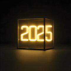 Neon 2025 in Glass Cube, isolated on white background and isolated on transparent background