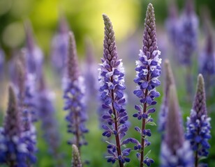 Obraz premium Blooming salvia sclarea flowers in garden. Meadow clary vibrant blossoms with purple and white petals grows in summer. Flora salvia close up in a filed. Herbal plant and herb.