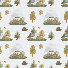 Forest landscape seamless pattern, hand-drawn vector background with abstract mountains and trees in earth tones for home decor, packaging, and children&rsquo;s clothing.