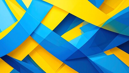 Abstract, vibrant artwork comprised of overlapping blue and yellow ribbons creating a textured, dynamic composition with shadows