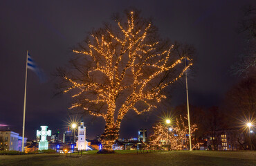 Naklejka premium Tallinn Liberty Square with illuminated trees and Victory Column at night in Tallinn, Estonia