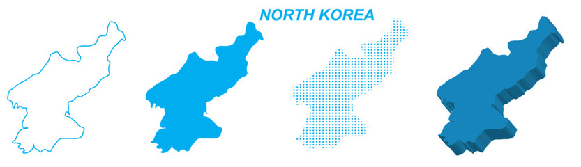 North Korea Map Vector Set, East Asia Outline Silhouette Dotted 3D Solid Shapes, North Korea Country Infographic Template, Editable EPS North Korea Geography