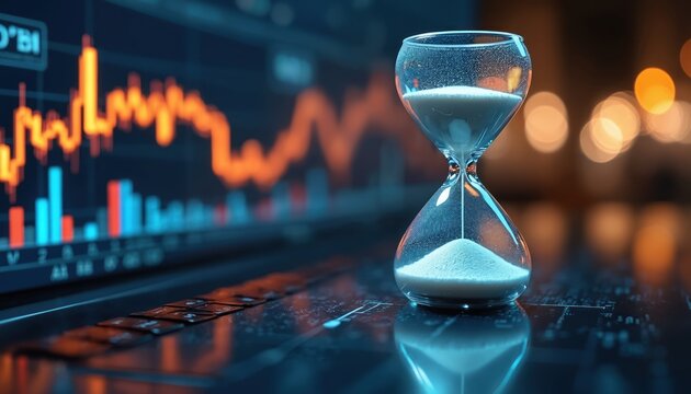 Hourglass stands on laptop with financial chart. Concept shows time versus trading. Data analysis, deadline, investment, forecasts, efficiency, strategy. Visualization of timing in stock market.