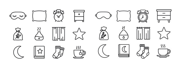 Sleep essentials icons: pillows, alarm clocks, eye masks, nights