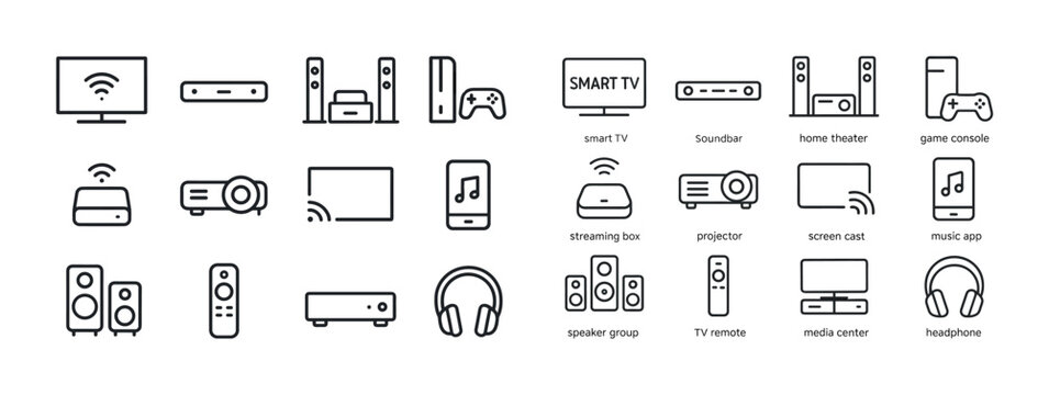 Modern home entertainment icons: smart tv, soundbar, game consol
