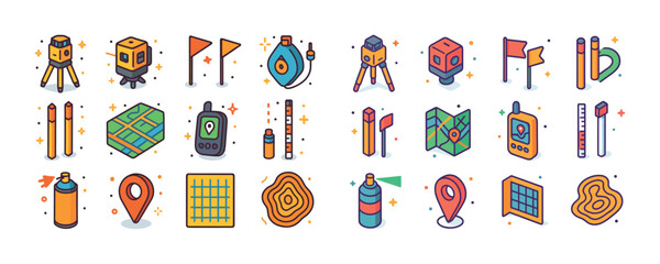 Colorful isometric surveying tools and maps collection