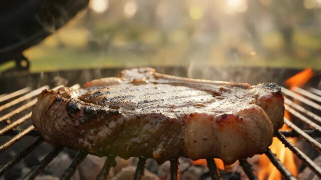 Steak grills on barbecue with smoke and fire flames. Meat cooking on grill with smoke rising. Beef steak sears on barbecue grill. Fire grills meat while smoke steams. Cooking steak on flame.