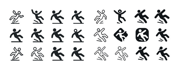 Set of diverse running and falling icons in various styles