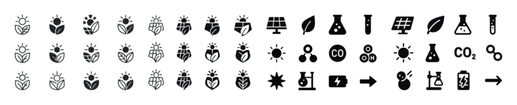 Sustainable energy and science icon set: solar, plant, lab, batt