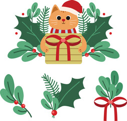 Christmas Cat Santa with Gift Mistletoe Decoration Ornament Illustration