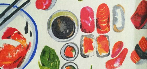 Sushi and ramen ornament. Print with asian food, sushi, maki, and ramen. Texture pattern with asian food.  © Nataly G