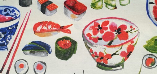 Sushi and ramen ornament. Print with asian food, sushi, maki, and ramen. Texture pattern with asian food.  © Nataly G