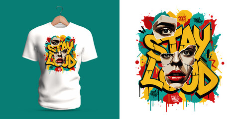 This vector T-shirt features a stylized portrait with bold facial details and colorful abstract shapes, combined with large graffiti lettering reading “Stay Loud.” Paint splashes, dripping strokes, © nicholasgeorgiou