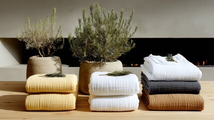 Fototapeta premium Soft towels and plants arranged on a wooden table near a fireplace in a bright space