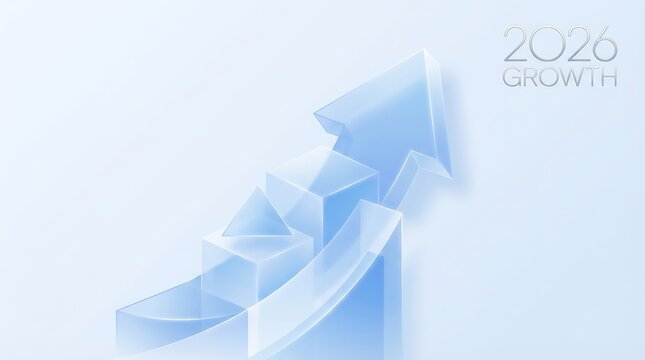 2026 Financial Growth and Progress Concept: Abstract Modern Background Featuring a Transparent Blue and Glass 3D Arrow Graph Moving Upward on a Clean, Minimalist Surface