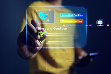cookies policy concept with user tick on terms and condition item list and setting acknowledge policy before accept cookies web browser