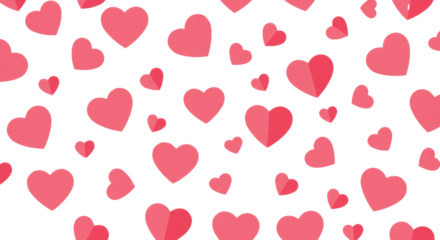 Numerous stylized, flat, two-dimensional pink hearts of various sizes and orientations, against a pristine transparent background, forming a seamless tileable pattern, concept for love and celebration