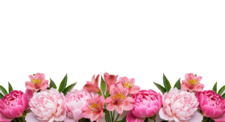 Delicate pink peonies and speckled alstroemeria with fresh green leaves form a dense horizontal border on a transparent background with copy space above, softbox lighting. Concept of sophisticated