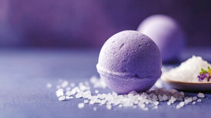 Purple bath bomb and bath salts creating a concept of spa treatment, wellness, and self care