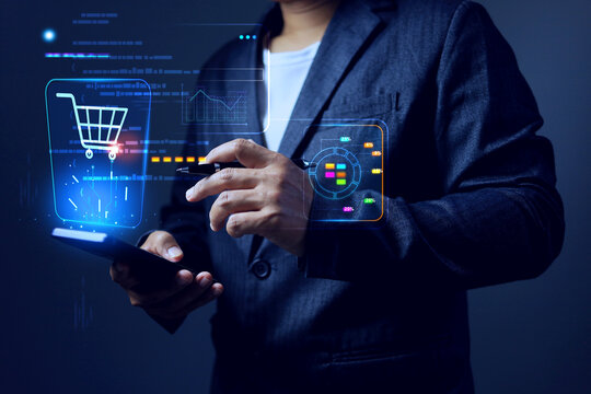 digital marketing concept with businessman working on shopping cart icon on virtual screen from smartphone represent to monitoring or checking incoming result and manage a business works - Powered by Adobe
