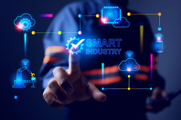 industry 4.0 concept with engineer pointing on smart industry icon to command or work with iot or internet of things system