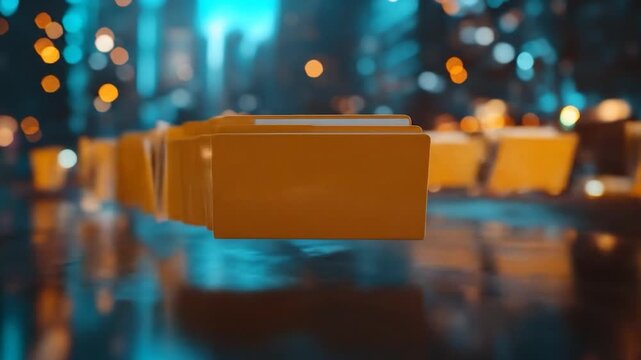 Rows of yellow files stretch into a bokeh background of lights