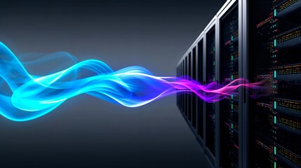 An abstract visualization of data transfer, with flowing streams of blue and purple light connecting to server racks