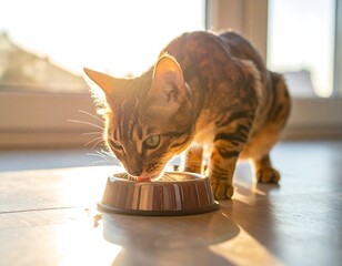 A beautiful cat with brown stripes and green eyes enjoys a meal from its bowl indoors, backlit by sunlight