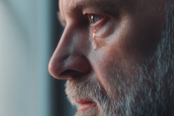 Obraz premium Close-up elderly Latino man crying with red watery eyes and trembling mouth.