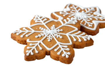 Two delicious snowflake gingerbread cookies with white icing on black