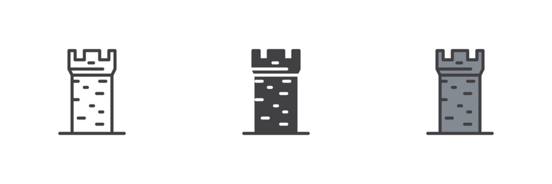 Castle tower line outline solid different style icon set pack