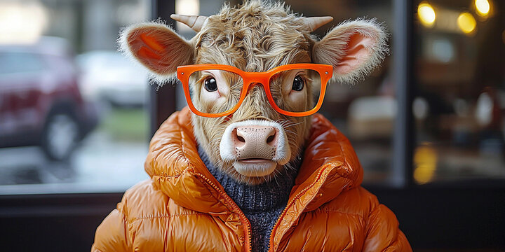 Whimsical cow in bright glasses enjoys indoors activity Generative AI