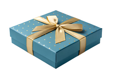 Teal gift box with gold polka dots and satin ribbon bow