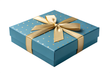 Teal gift box with gold polka dots and satin ribbon bow