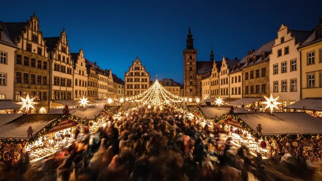 Vibrant Christmas market sweeps a historic square with twinkling stalls, crowds and timbered fa?ades