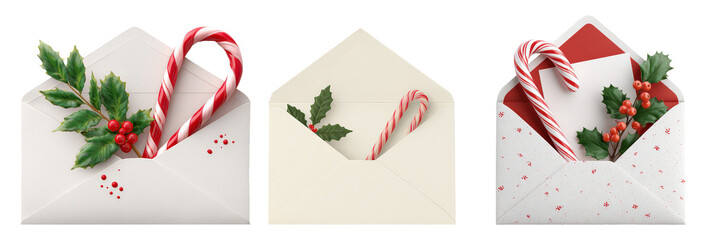 Collection of Christmas elements including envelopes, candy canes, and decorations for holiday celebrations and gift exchanges