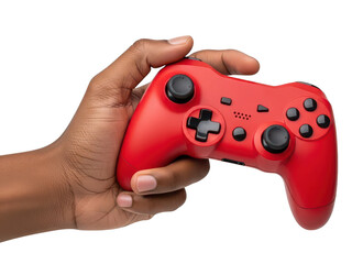 Red game controller held in hand on transparent background
