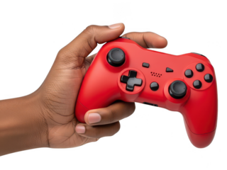 Red game controller held in hand on transparent background
