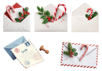 Fototapeta premium Christmas envelopes with candy canes, holly, and letters to Santa Claus in a festive arrangement for holiday celebrations