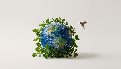 Obraz premium A symbolic representation of the Earth encircled by vibrant green leaves, with a hummingbird in flight, symbolizing environmental harmony and global conservation. 