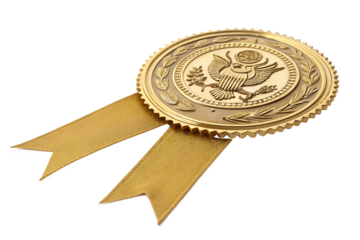 Golden award seal with eagle emblem and flowing ribbon on black