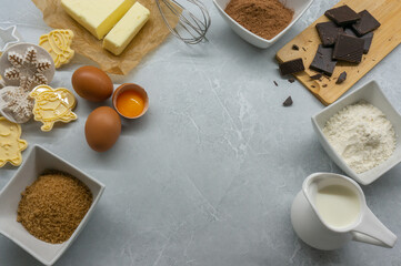 Ingredients for making Christmas cookies. Top view. Space for text.
