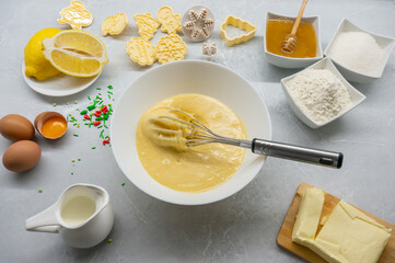 Making Christmas baking dough. Ingredients for making Christmas cookies, Top View.