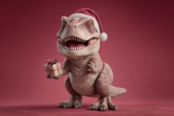 Whimsical winter wishes: christmas charm with a gift-bearing dinosaur. Commercial image. Anthropomorphic t-rex baby with santa hat spreading christmas joy. Premium quality. Studio portrait.